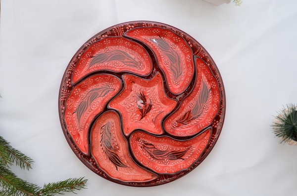 porselenshop - Çini Rüzgargülü Çerezlik 7 Parça Kırmızı