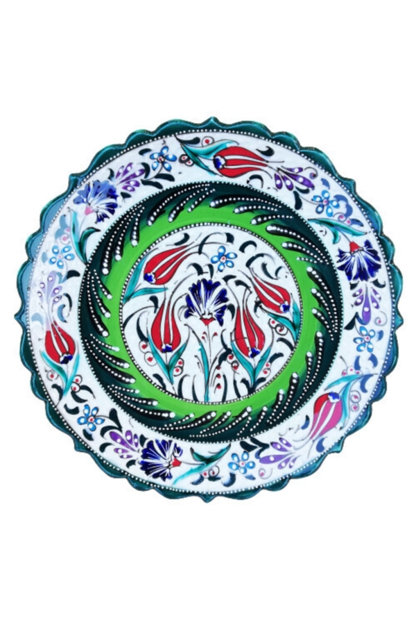 El Işlemesi 25 Cm Lale Desenli Yeşil Tabak