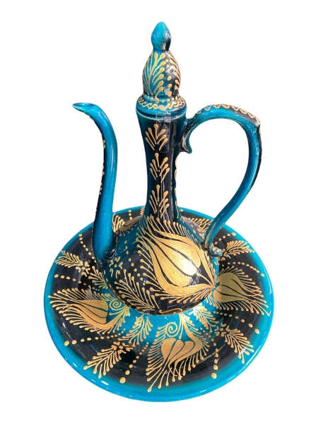 El Yapımı Büyük Boy Çini İbrik Tabaklı Yeşil Altın Yaldızlı - 2