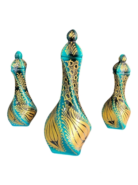 El Yapımı İşlemeli Çini 3'lü Burgulu Vazo Seti Yeşil Altın Yaldızlı - 2