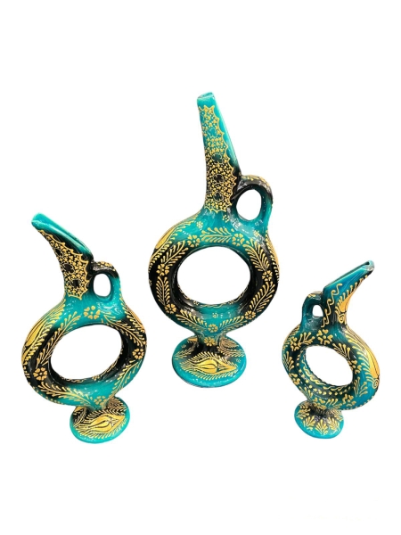 El Yapımı İşlemeli Çini 3'lü Hitit Vazo Seti Yeşil Altın Yaldızlı - 2