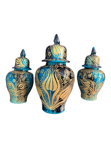 El Yapımı İşlemeli Çini 3'lü Küp Seti Yeşil Altın Yaldızlı - 2