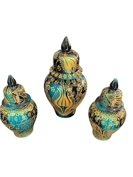 El Yapımı İşlemeli Çini 3'lü Küp Seti Yeşil Altın Yaldızlı - 3