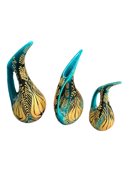 El Yapımı İşlemeli Çini 3'lü Pelikan Vazo Seti Yeşil Altın Yaldızlı - 2