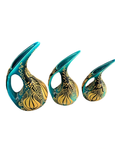 El Yapımı İşlemeli Çini 3'lü Pelikan Vazo Seti Yeşil Altın Yaldızlı - 3