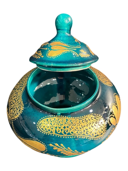 El Yapımı İşlemeli Çini Bal Küp Şekerlik Yeşil Altın Yaldızlı - 2