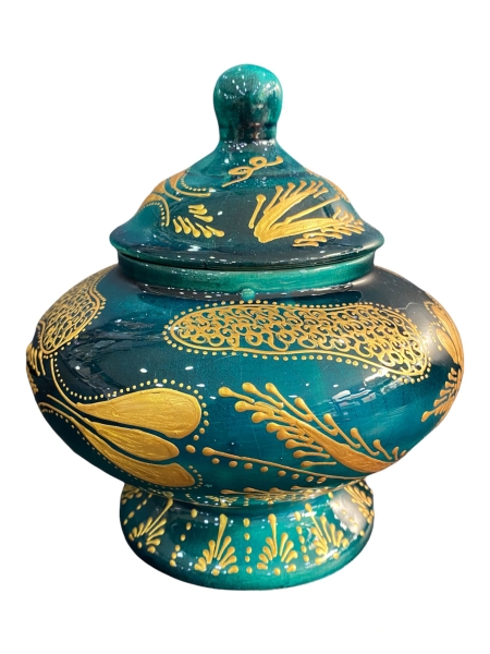 El Yapımı İşlemeli Çini Bal Küp Şekerlik Yeşil Altın Yaldızlı - 3