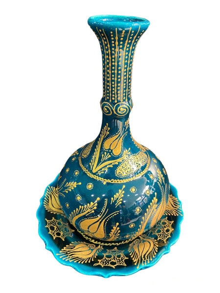 El Yapımı İşlemeli Çini Gözyaşı Vazo Seti Yeşil Altın Yaldızlı - 2