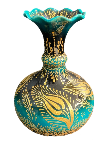 Ören Çini - El Yapımı İşlemeli Çini Sümbül Vazo Seti Yeşil Altın Yaldızlı