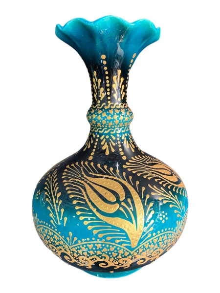 El Yapımı İşlemeli Çini Sümbül Vazo Seti Yeşil Altın Yaldızlı - 2