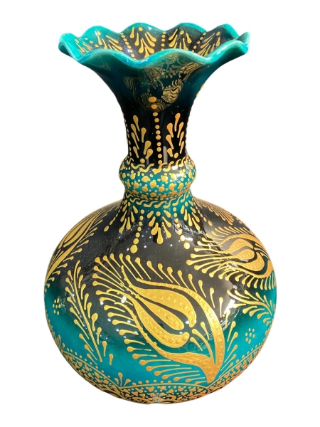 El Yapımı İşlemeli Çini Sümbül Vazo Seti Yeşil Altın Yaldızlı - 3