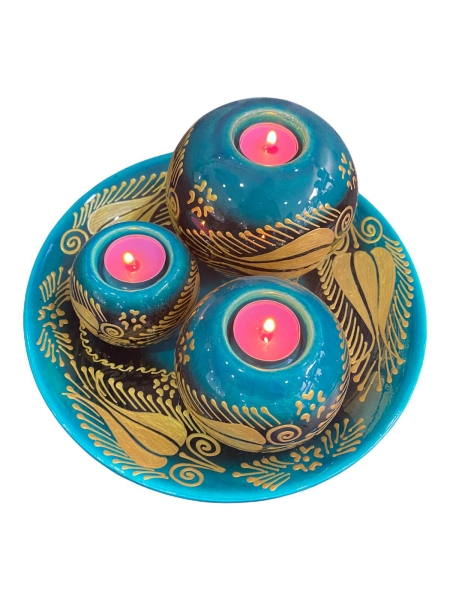 El Yapımı İşlemeli Çini Tabaklı Mumluk Seti Yeşil Altın Yaldızlı - 3