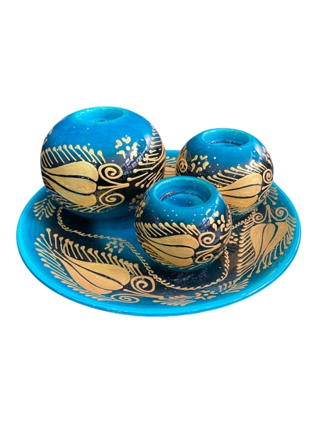 El Yapımı İşlemeli Çini Tabaklı Mumluk Seti Yeşil Altın Yaldızlı - 2