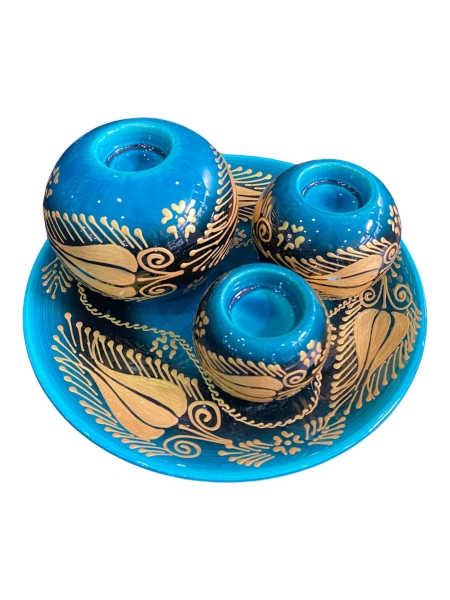 El Yapımı İşlemeli Çini Tabaklı Mumluk Seti Yeşil Altın Yaldızlı - 4