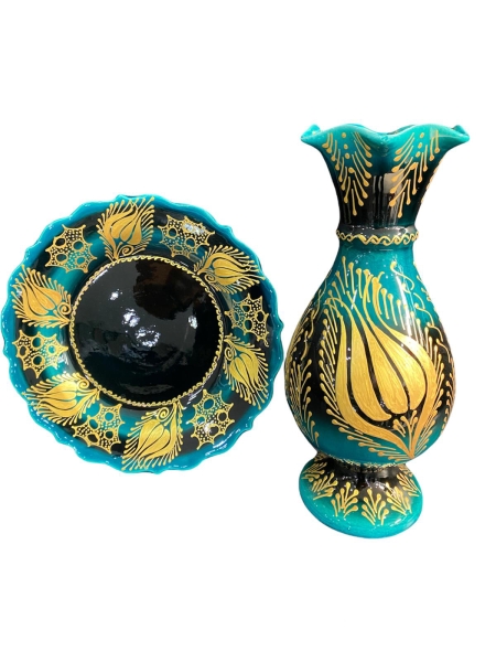 El Yapımı İşlemeli Çini Vazo Seti Yeşil Altın Yaldızlı - 2