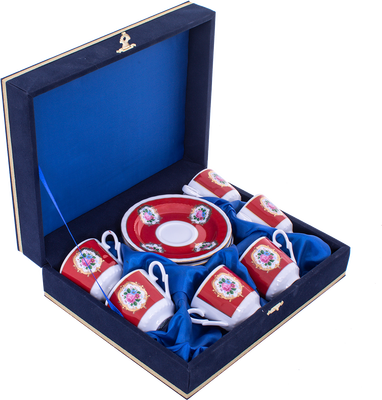 Güral Porselen Kırmızı Hediyelik Renkli Fincan Takımı 6lı - 12 Parça Kadife Kutulu ORN 600 - 1