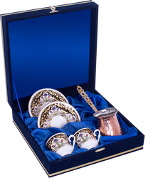 Güral Porselen - Kahve Fincanı Güral Porselen <br> 5 Parça İki Kişilik El Dekoru Tarzı <br> Altın Yaldızlı Kahve Fincan Takımı <br> Kadife Kutulu Bakır Cezveli ORN 764