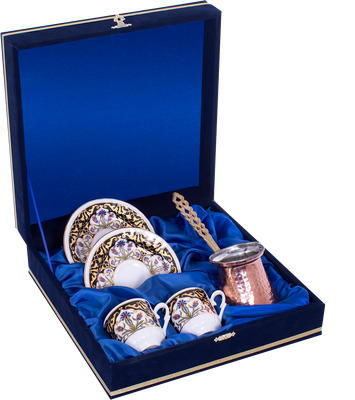 Kahve Fincanı Güral Porselen <br> 5 Parça İki Kişilik El Dekoru Tarzı <br> Altın Yaldızlı Kahve Fincan Takımı <br> Kadife Kutulu Bakır Cezveli ORN 764