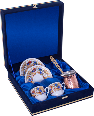 Kahve Fincanı Güral Porselen <br> 5 Parça İki Kişilik El Dekoru Tarzı <br> Altın Yaldızlı Kahve Fincan Takımı <br> Kadife Kutulu Bakır Cezveli ORN 771