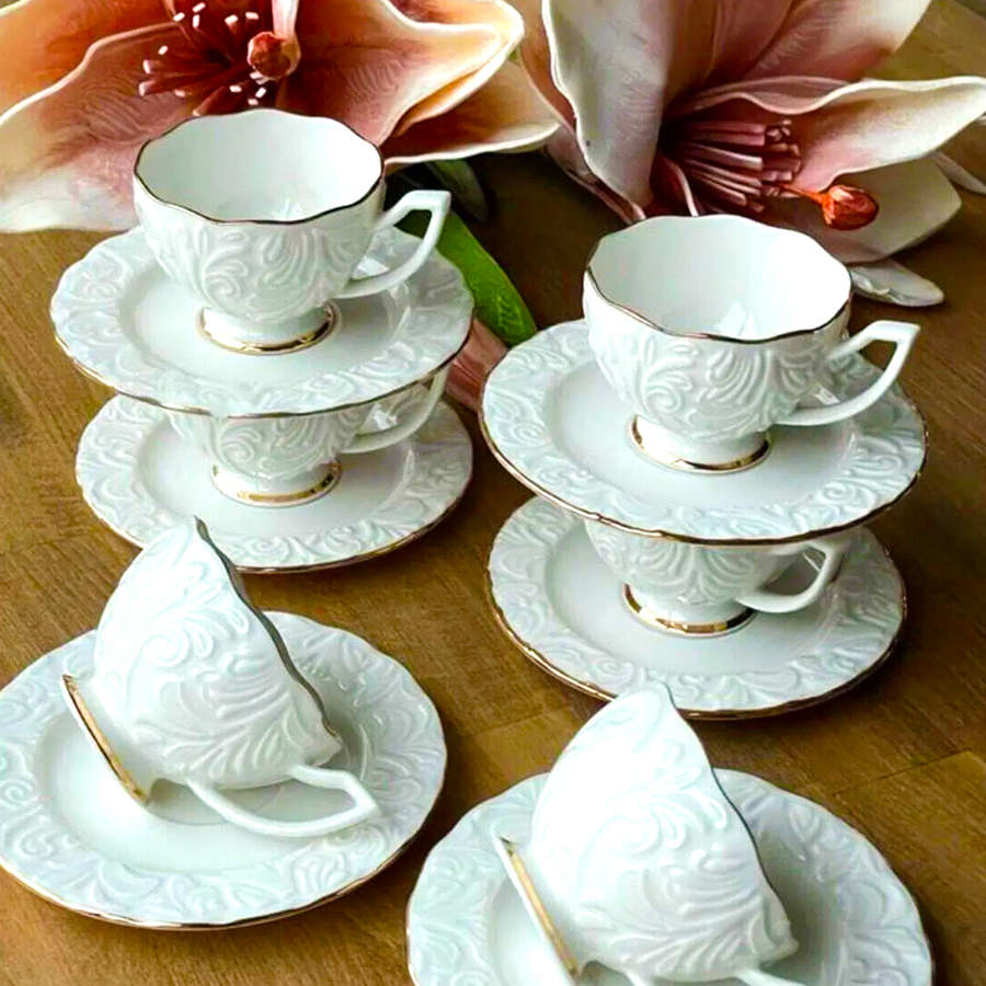 İpek porselen 6 kişilik beyaz kahve fincan takımı