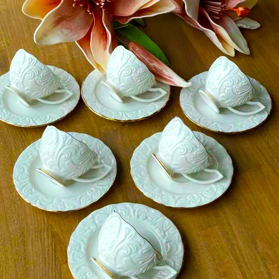İpek porselen 6 kişilik beyaz kahve fincan takımı